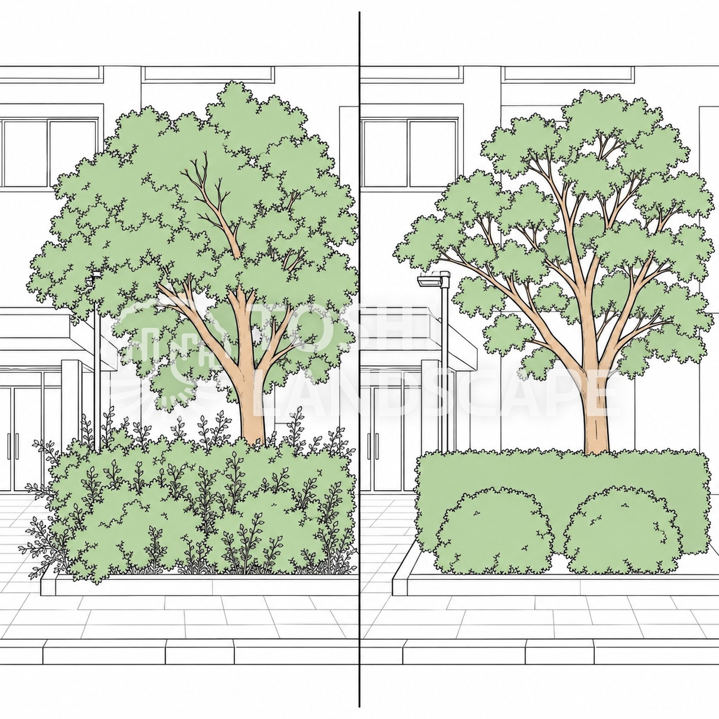 植栽管理 手入れ 放置 生垣 雑草 枯れ枝 外灯 マンション 比較 イラスト