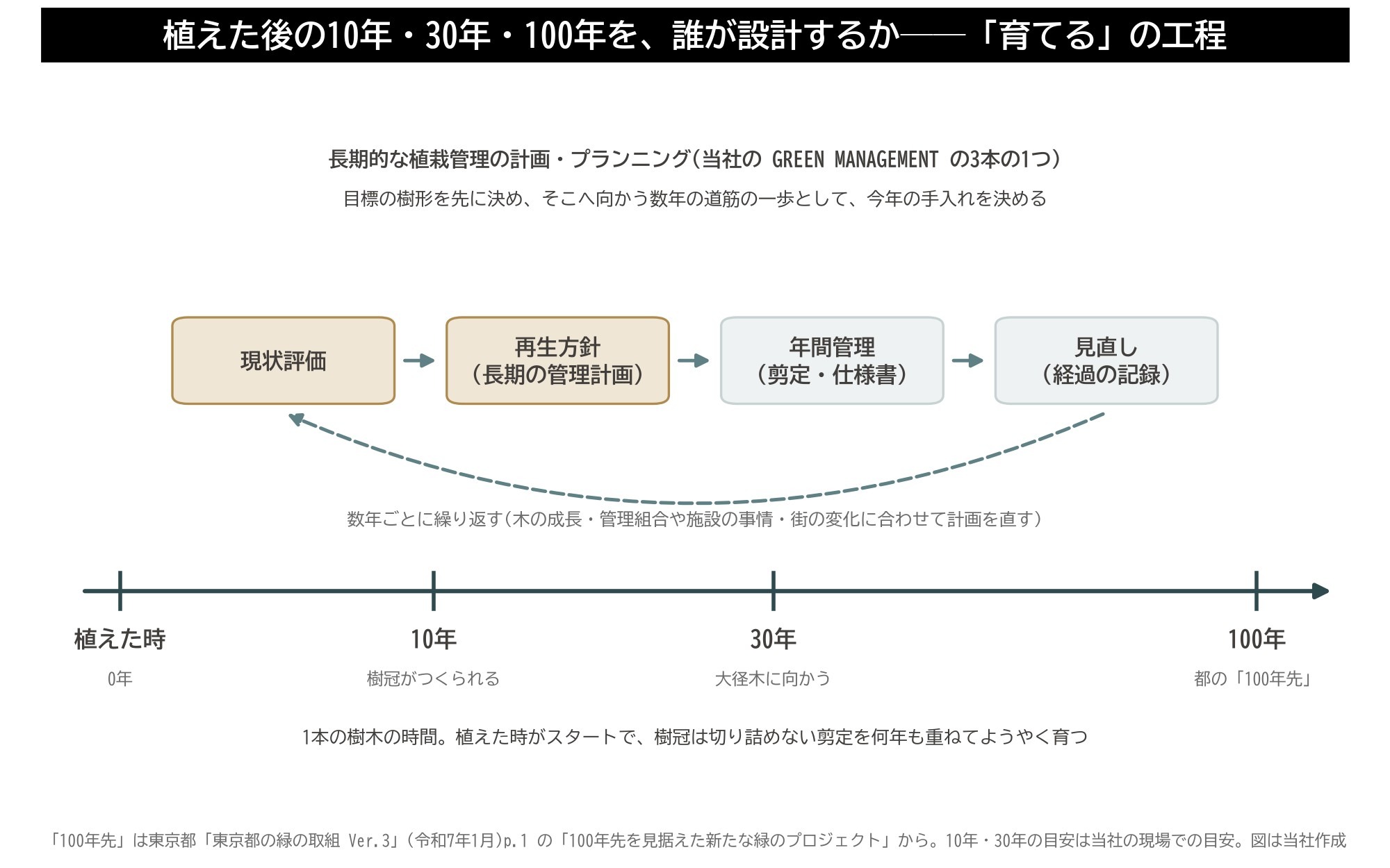 植栽 長期計画 10年 30年 100年 現状評価 再生方針 年間管理 見直し 工程図