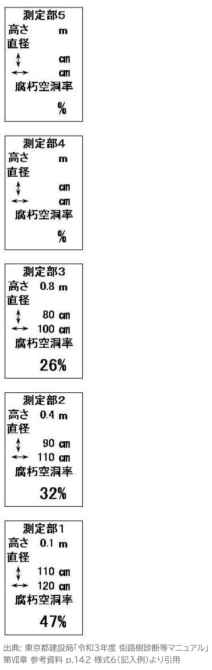 アーボソニック 多断面 測定部 高さ 直径 腐朽空洞率 記入例