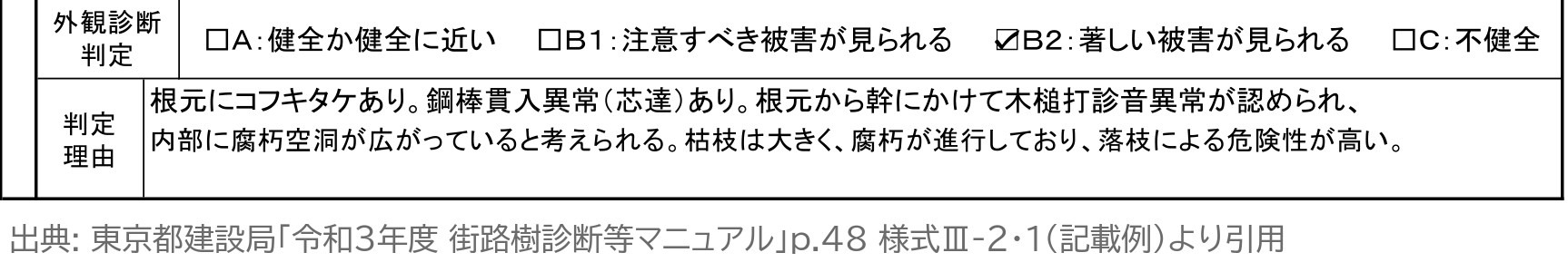 街路樹診断カルテ 記載例 外観診断判定と判定理由 東京都 街路樹診断等マニュアル