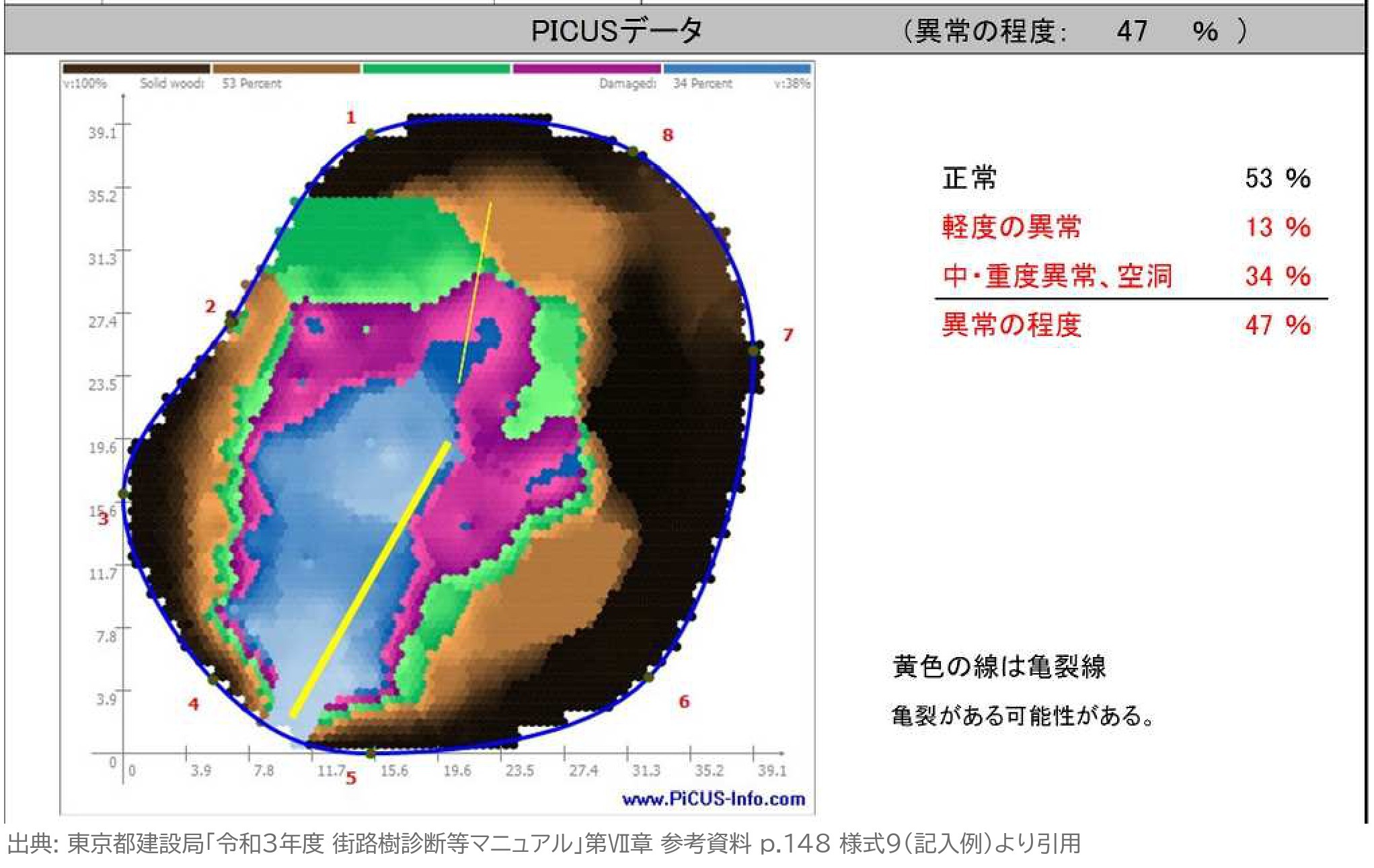 ピカス 断面画像 トモグラム 記入例 測定点 色 割合 亀裂線