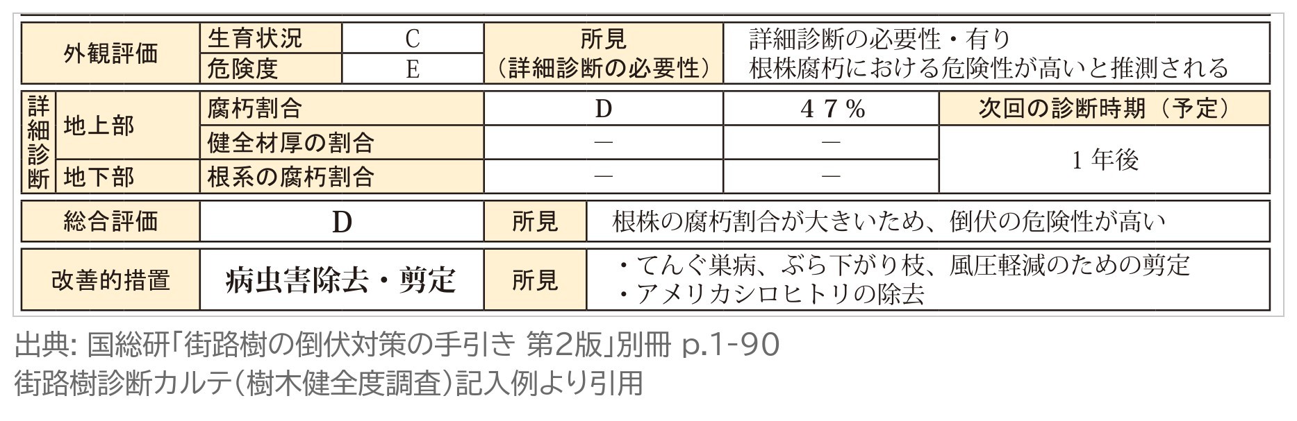 街路樹診断カルテ 外観評価 生育状況 危険度 詳細診断 腐朽割合 47% 総合評価 D 次回の診断時期 1年後 改善的措置