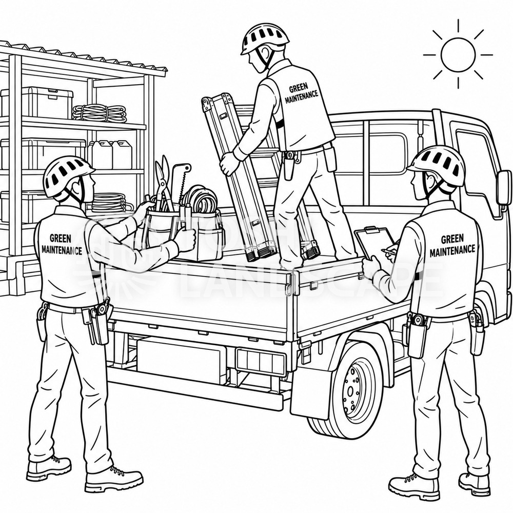朝、資材置き場でトラックに道具を積んで出発の準備をする作業員