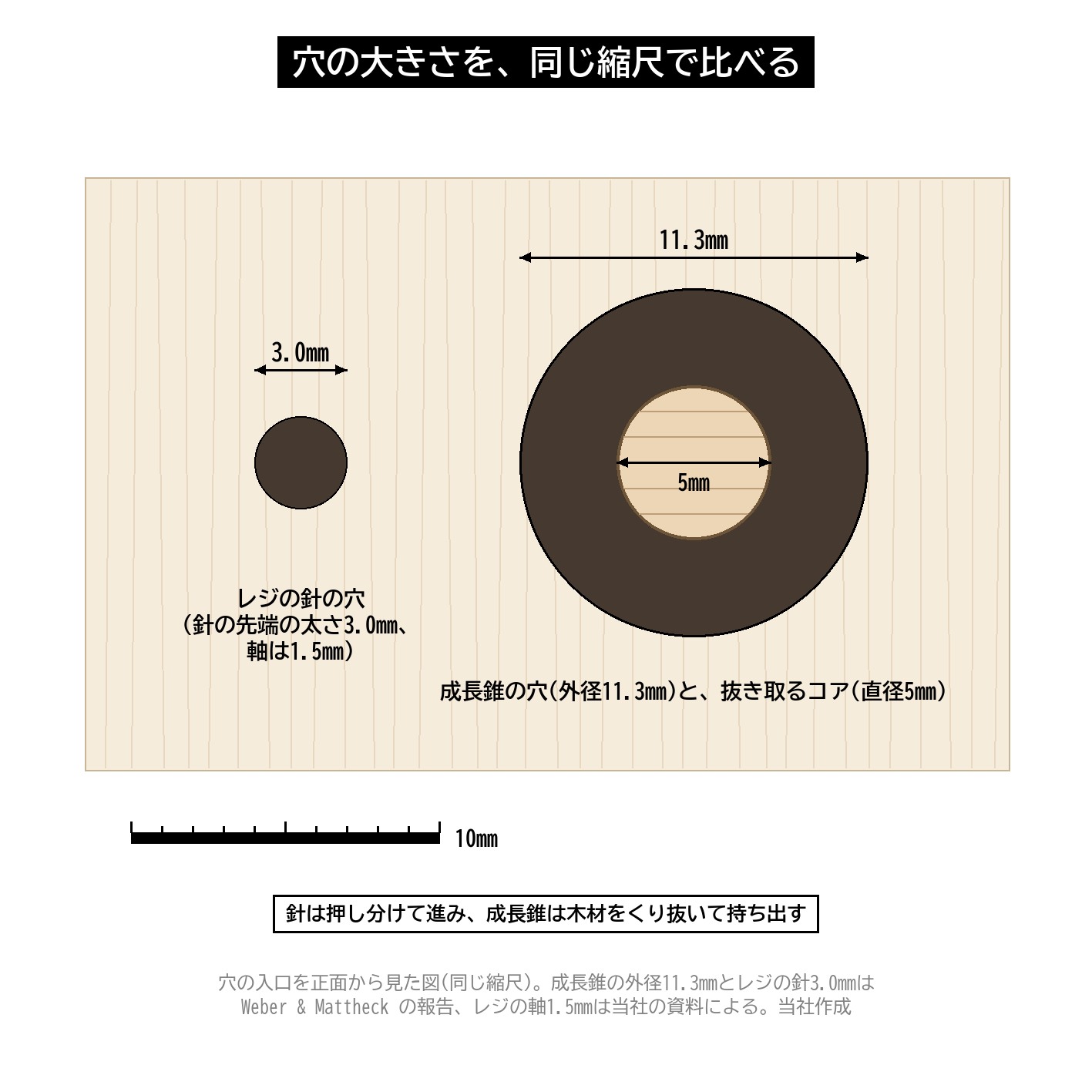 穴の大きさ レジ Resi PD 針 3mm 成長錐 外径 11.3mm コア 5mm 侵襲性 比較 図解