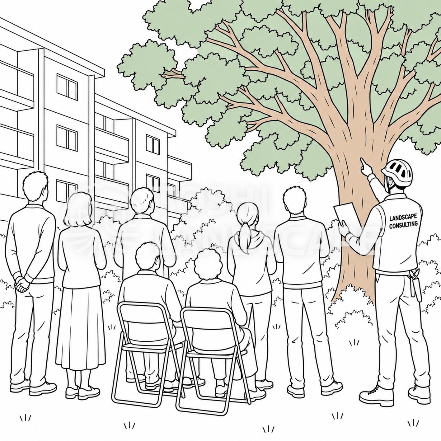 マンション 住民説明会 植栽 方針 説明 樹木医 中庭 コンサルティング イラスト
