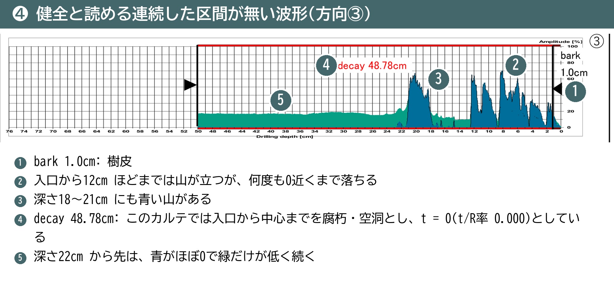 根株診断 波形 方向3 t=0 decay 腐朽 健全な区間が無い