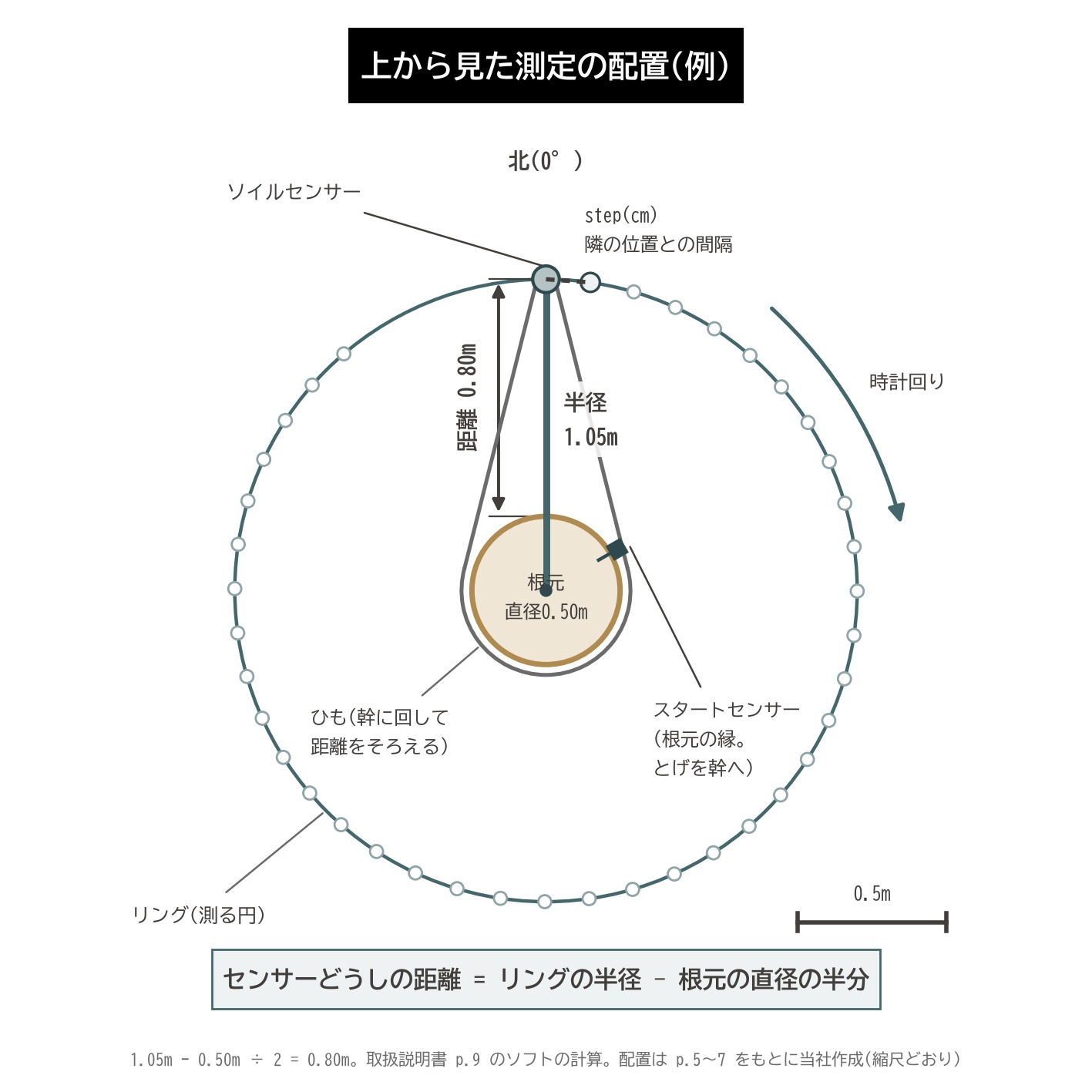 ルートディテクター 測定の配置 リングの半径 根元の直径 ひも 測定の間隔 上から見た図