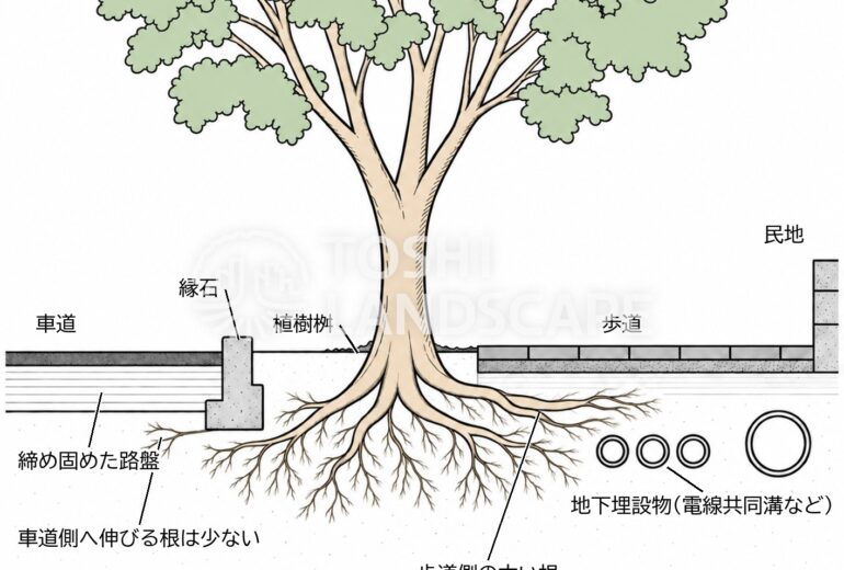 街路樹 根 植樹桝 歩道 車道 縁石 電線共同溝 地下埋設物 断面
