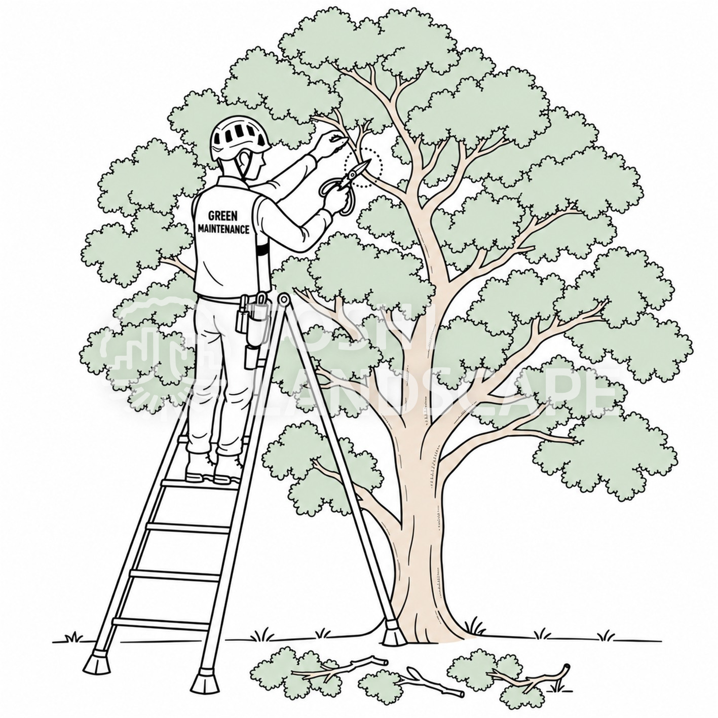 透かし剪定 庭師 植木屋 三脚脚立 植木鋏 作業 イラスト