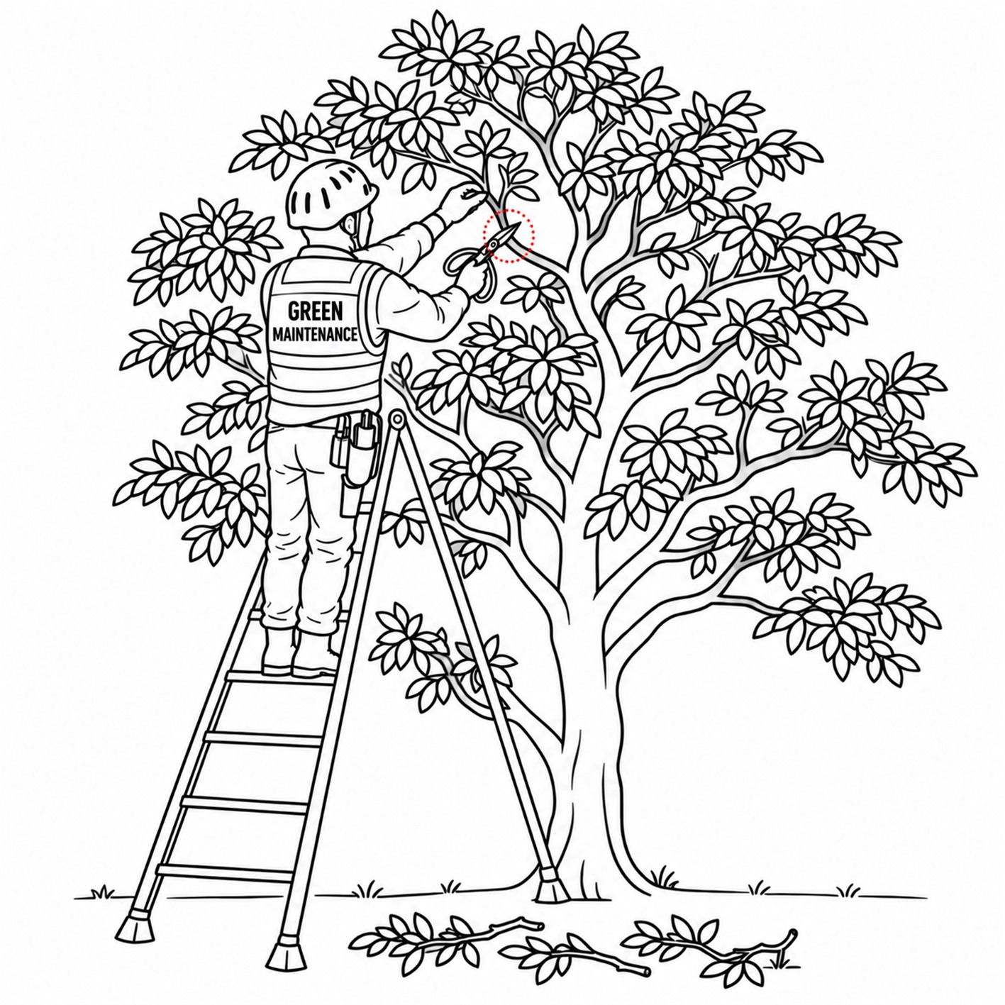 透かし剪定 庭師 植木屋 三脚脚立 植木鋏 作業 イラスト