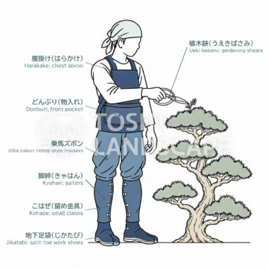 庭師の伝統的な装い 腹掛け 乗馬ズボン 脚絆 地下足袋 植木鋏 松 図解