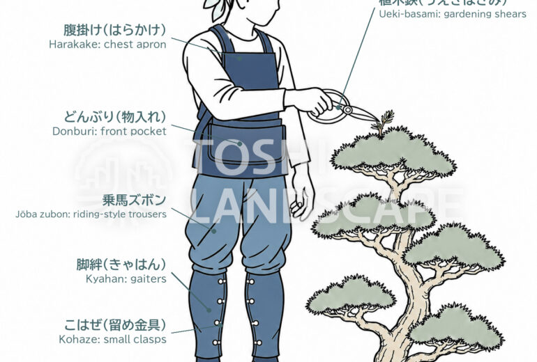 庭師の伝統的な装い 腹掛け 乗馬ズボン 脚絆 地下足袋 植木鋏 松 図解