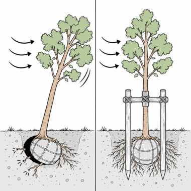 樹木 支柱 役割 根鉢 細根 風 揺れ 植栽 鳥居支柱 図解