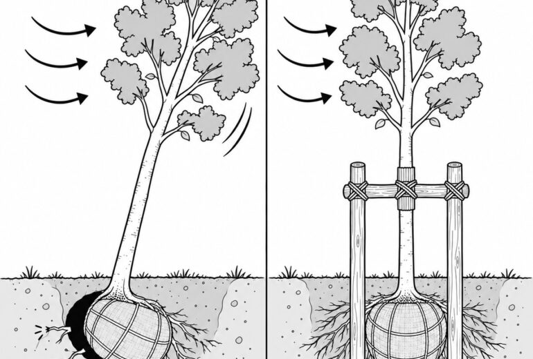 樹木 支柱 役割 根鉢 細根 風 揺れ 植栽 鳥居支柱 図解