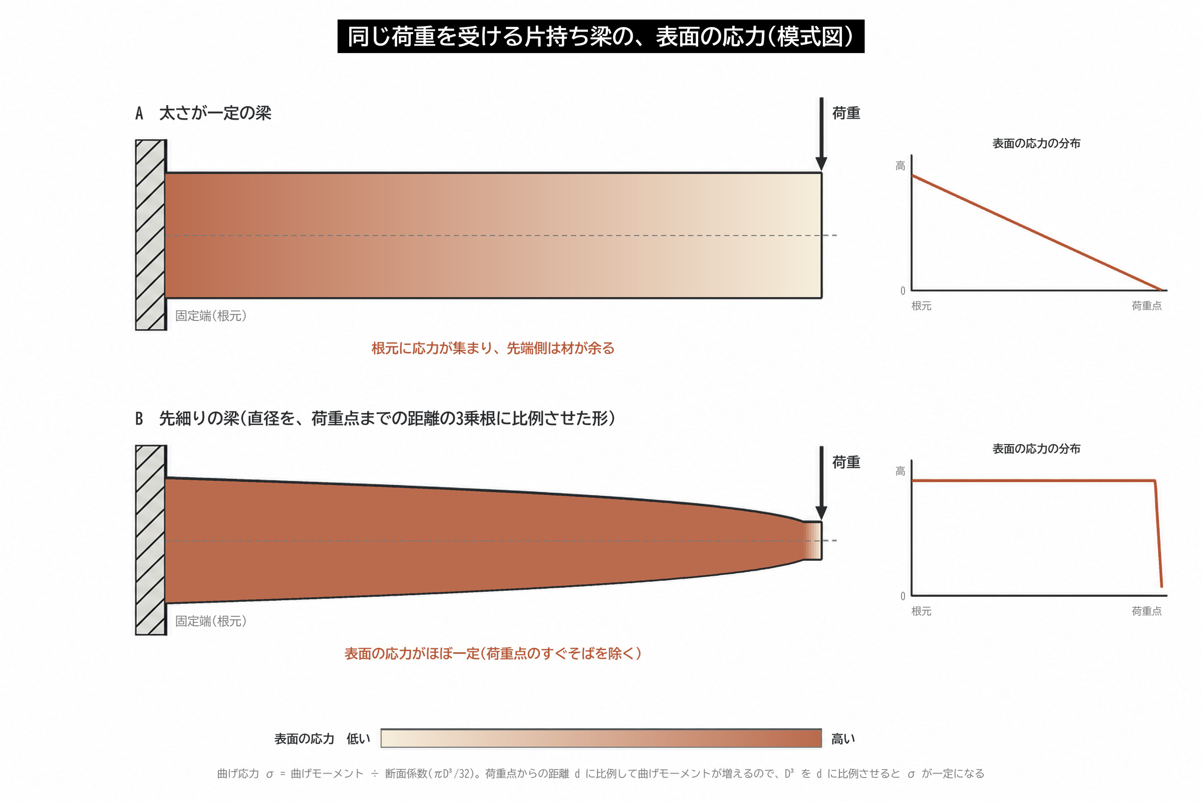 一様応力 片持ち梁 先細り 表面の応力 応力集中 比較 図解