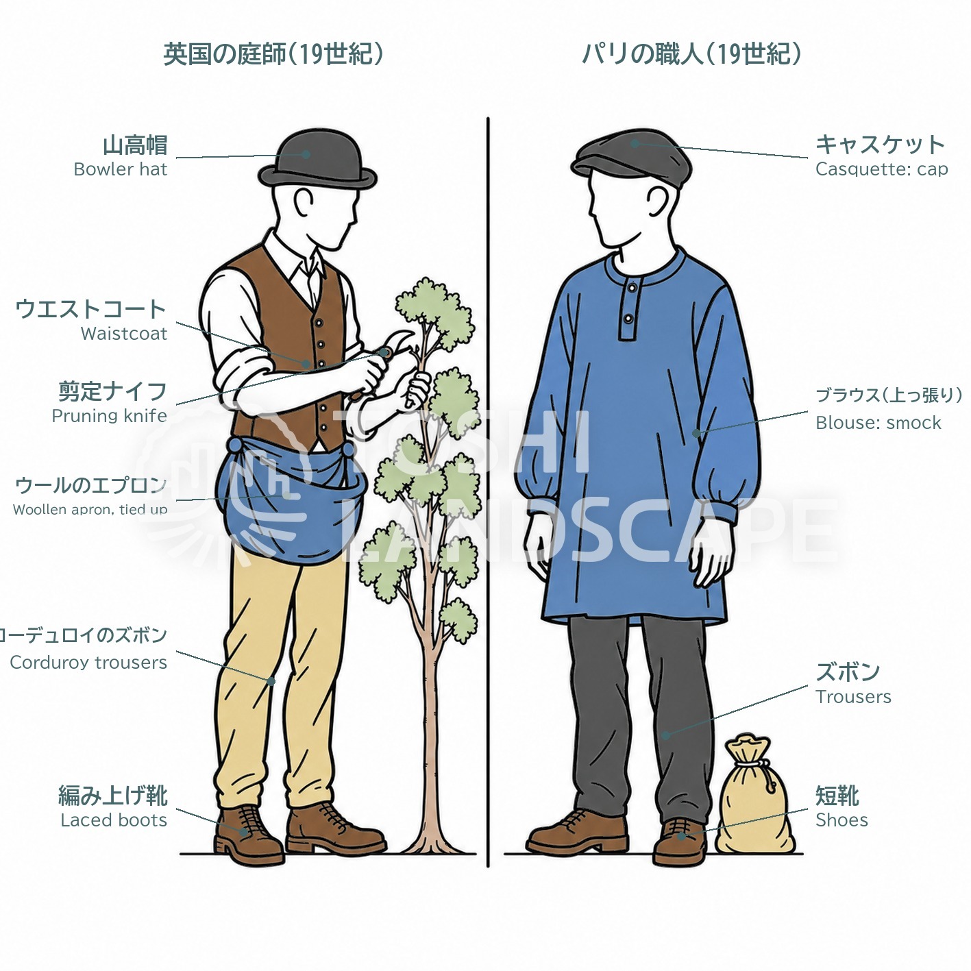 英国 庭師 19世紀 山高帽 エプロン フランス 職人 ブラウス bleu de travail 歴史