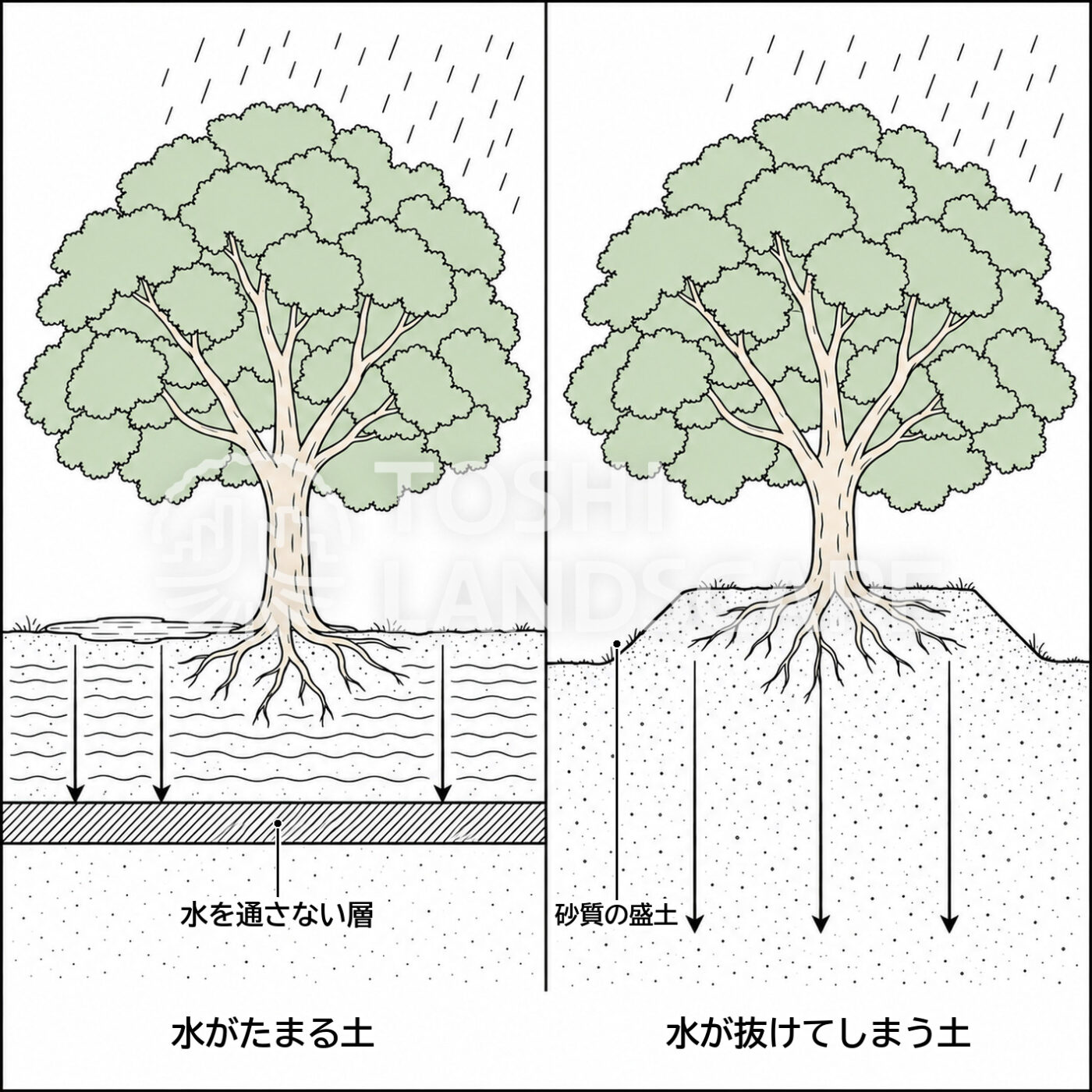 過湿 乾燥 水はけ 砂質の盛土 乾燥害 イラスト