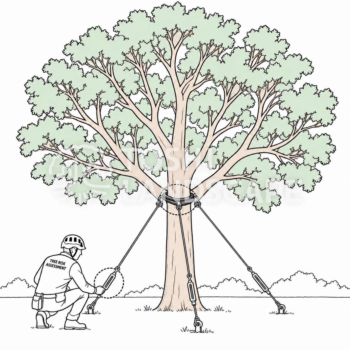 ワイヤー支柱 点検 ターンバックル 緩み 保護材 食い込み 樹木医 TREE RISK ASSESSMENT